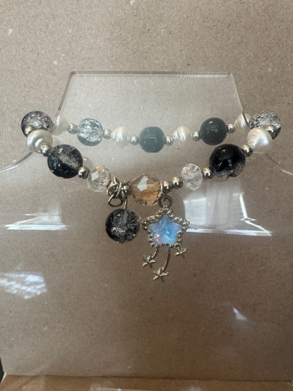 Star Charm Glass Bead Bracelet - Black, Clear & Opal